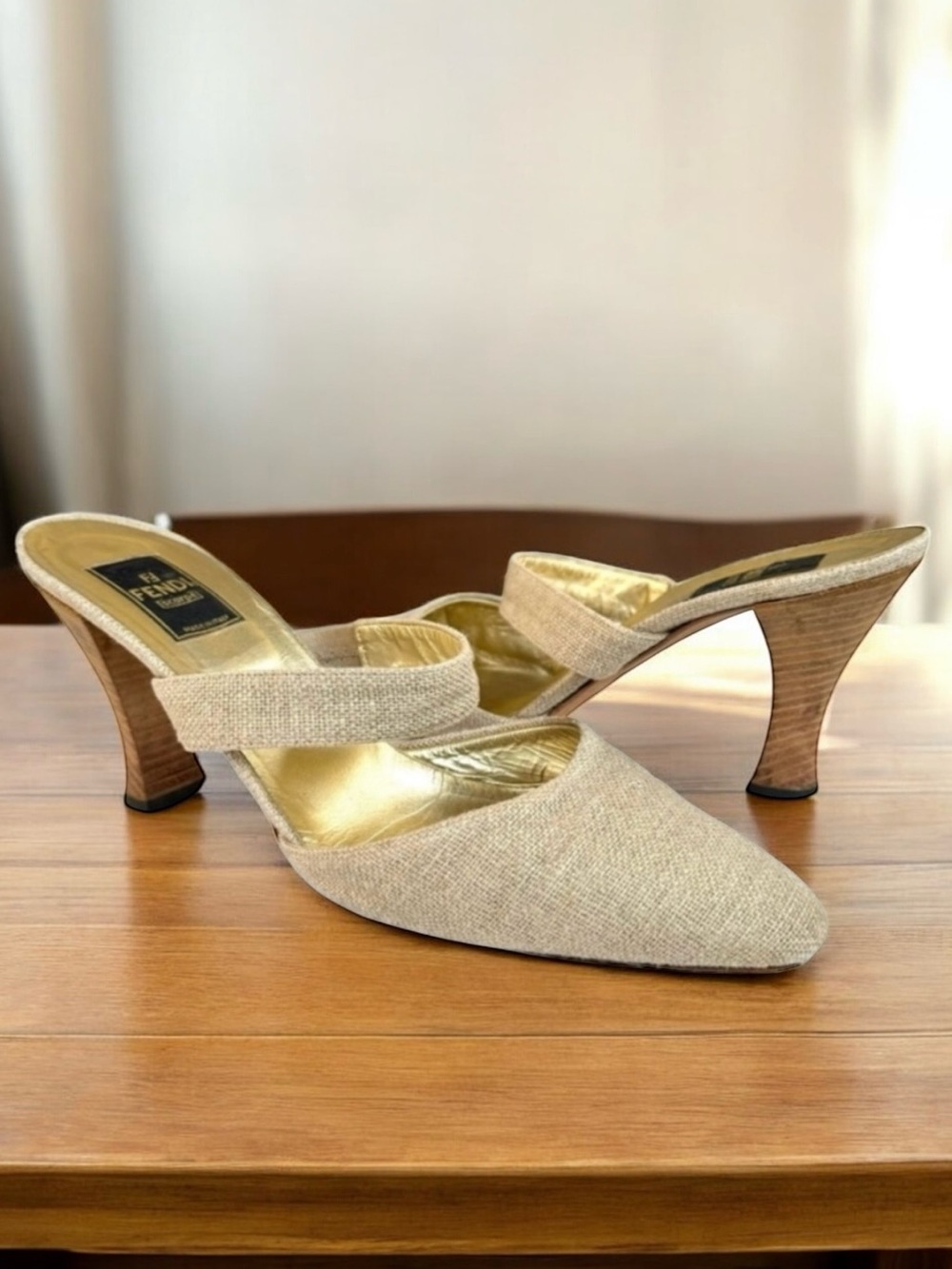 FENDI Metallic Gold Neutral Canvas Leather Mules Sandals